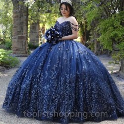 Navy Blue Sweet 16 Quinceanera Dress with Cape 2024 Off Shoulder Beading Princess Party Gown Vestidos De 15 Años