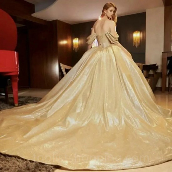 Off The Shoulder Champagne Evening Dress 2024 Ball Gown Floor Length Sweep Train Quinceanera Dress