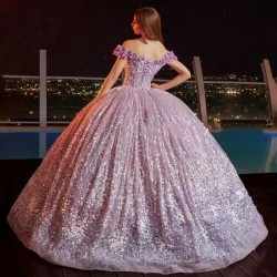 Lilac Quinceanera Dress Off The Shoulder Sequin Flowers Evening Dress 2024 Ball Gown Floor Length Sweep Train Tulle Gowms