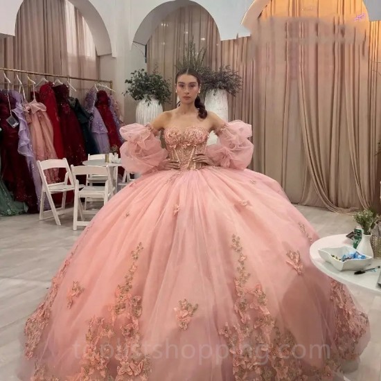 Pink 2024 Quinceanera Dress Bow Lace Applique Beads Tull Ball Gown Off Shoulder Sweet 16 Dress Vestidos De XV Anos 15TH Birthday Dress