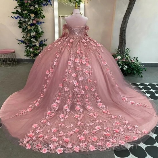 3D Flowers Pink Ball Gown Long Sleeve Quinceanera Dresses Beads Tull Corset Vestidos De 15 Años