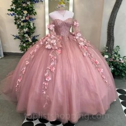 3D Flowers Pink Ball Gown Long Sleeve Quinceanera Dresses Beads Tull Corset Vestidos De 15 Años