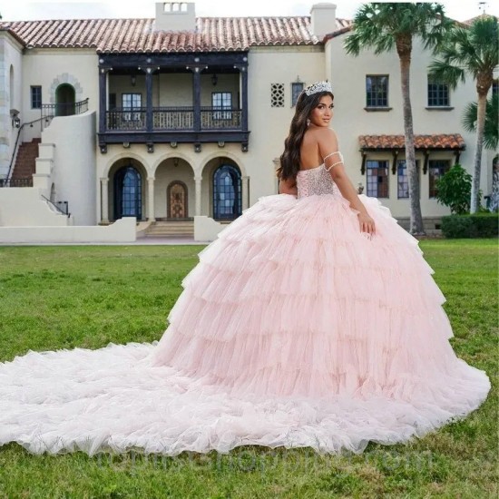 Pink Ball Gown Quinceanera Dresses 2024 Beads Crystal Tull Tiered Ruffles Mexican Sweet 16 Dresses