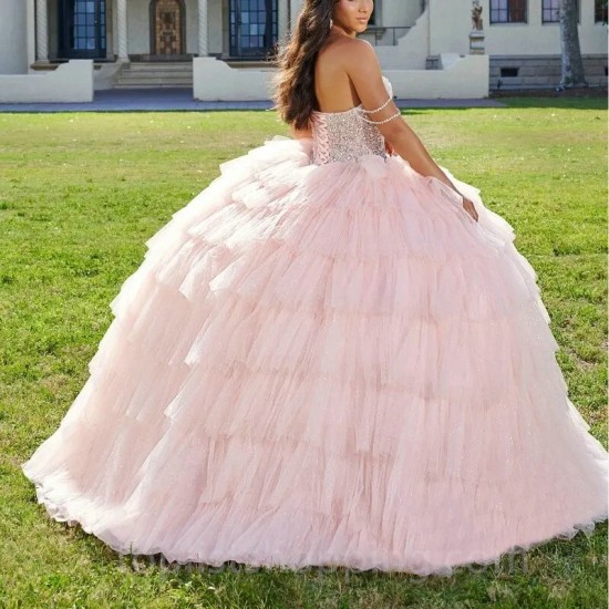 Pink Ball Gown Quinceanera Dresses 2024 Beads Crystal Tull Tiered Ruffles Mexican Sweet 16 Dresses