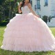 Pink Ball Gown Quinceanera Dresses 2024 Beads Crystal Tull Tiered Ruffles Mexican Sweet 16 Dresses