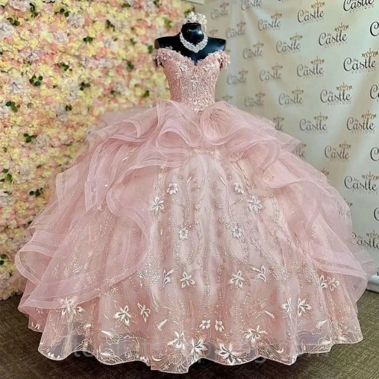 Beaded Pink Ball Gowns Quinceanera Dress Applique Prom Dress Lace Sweet 16 Princess Party Formal Birthday Dress