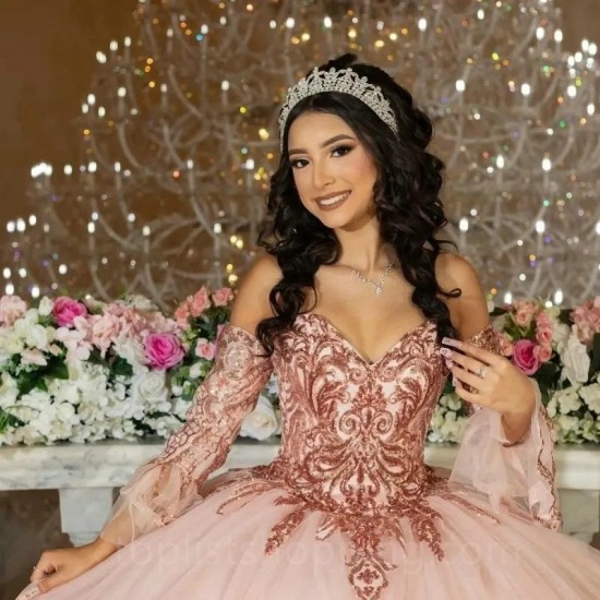 Beaded Pink Ball Gown Quinceanera Dresses Appliques Lace Long Sleeved Sweet 16 Dress Pageant Gowns