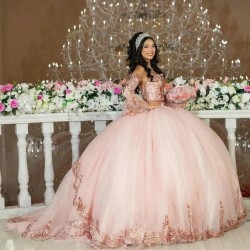 Beaded Pink Ball Gown Quinceanera Dresses Appliques Lace Long Sleeved Sweet 16 Dress Pageant Gowns