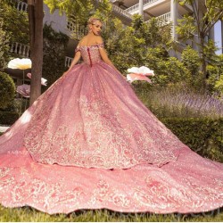 Pink Charro Quinceanera Dresses Ball Gown Off The Shoulder Sparkle Crystals Mexican Sweet 16 Dresses 15 Anos