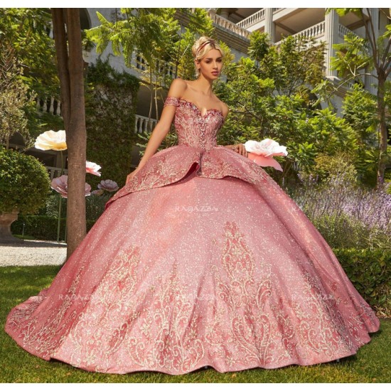 Pink Charro Quinceanera Dresses Ball Gown Off The Shoulder Sparkle Crystals Mexican Sweet 16 Dresses 15 Anos