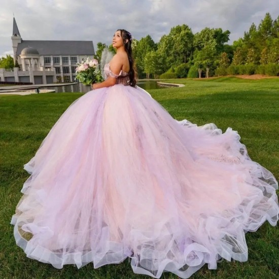 Corset Pink Quince Dress Princess Lace Appliques Beading Off The Shoulder Girls Ball Gown Sweet 16 Dresses