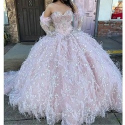 Feathers Pink Quinceanera Dresses With Detached Ball Gown Birthday Party Dress Graduation Gown Vestido De 15 Dress