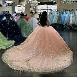 Long Sleeves Pink Glitter Ball Gown Quinceanera Dresses 3D Butterfly Appliques Sweet 15 Princess Birthday Party Dress