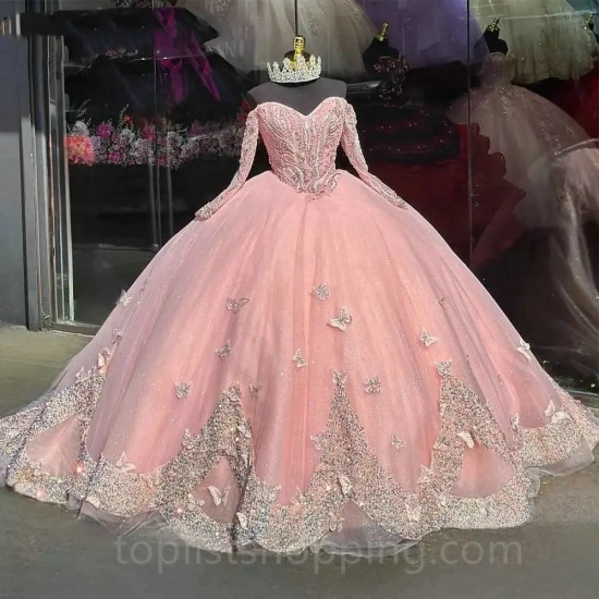 Long Sleeves Pink Glitter Ball Gown Quinceanera Dresses 3D Butterfly Appliques Sweet 15 Princess Birthday Party Dress