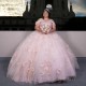 Pink Glitter Crystal 3D Flowers Ball Gown Quinceanera Dress With Cape Appliques Lace Beading Vestidos De 15 Años