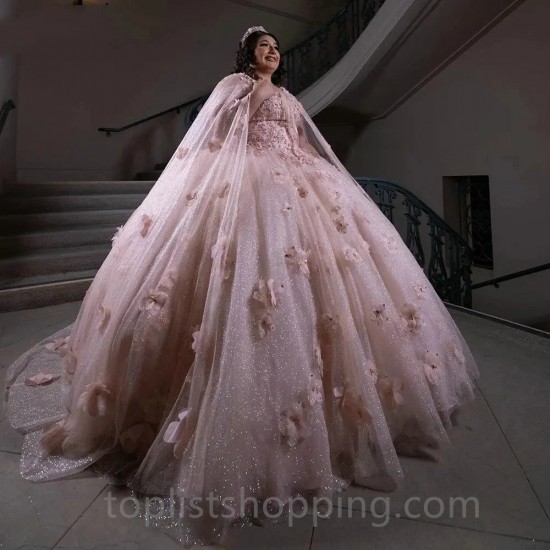 Pink Glitter Crystal 3D Flowers Ball Gown Quinceanera Dress With Cape Appliques Lace Beading Vestidos De 15 Años