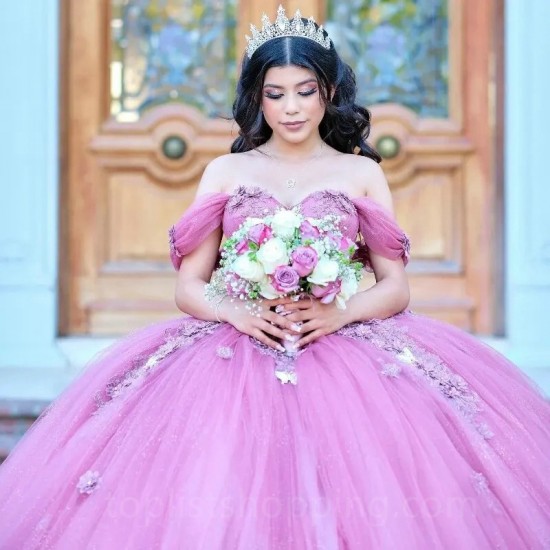 Pink Glitter Ruffles Ball Gown Quinceanera Dresses Off The Shoulder Beading Beads Corset Vestido De 15 Anos