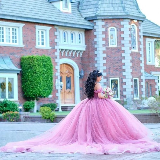 Pink Glitter Ruffles Ball Gown Quinceanera Dresses Off The Shoulder Beading Beads Corset Vestido De 15 Anos