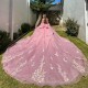 Sweetheart Pink Glitter 16 Quinceanera Dresses Off Shoulder Bling Bling Applique Beads Tulle Birthday Party Dress