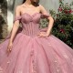 Sweetheart Pink Glitter 16 Quinceanera Dresses Off Shoulder Bling Bling Applique Beads Tulle Birthday Party Dress