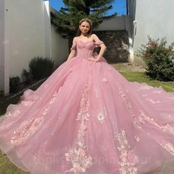 Sweetheart Pink Glitter 16 Quinceanera Dresses Off Shoulder Bling Bling Applique Beads Tulle Birthday Party Dress