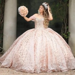 Beading Pink Gold Shiny Princess Quinceanera Dresses Appliques Party Dress Tulle Elegent Sweet Vestido De 15 16 Anos