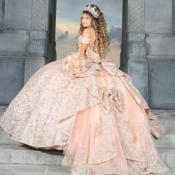 Beading Pink Gold Shiny Princess Quinceanera Dresses Appliques Party Dress Tulle Elegent Sweet Vestido De 15 16 Anos