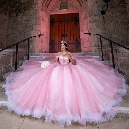 Off Shoulder Pink Ball Gown Quinceanera Dresses Beading Crystal Appliques Tull Sweet 16 15 Birthday Dress