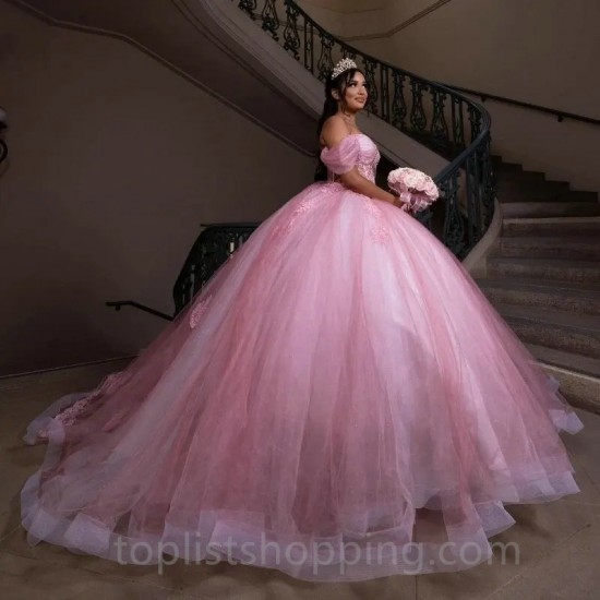 Off Shoulder Pink Ball Gown Quinceanera Dresses Beading Crystal Appliques Tull Sweet 16 15 Birthday Dress