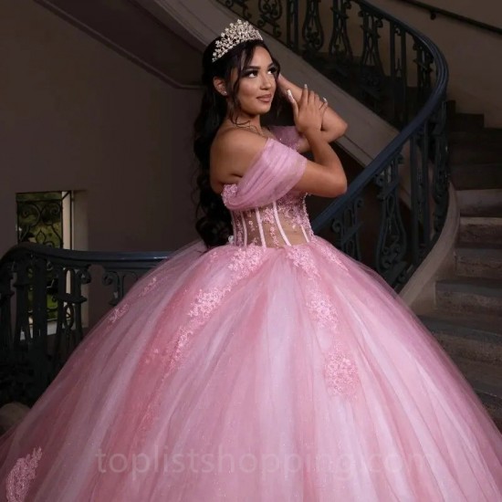 Off Shoulder Pink Ball Gown Quinceanera Dresses Beading Crystal Appliques Tull Sweet 16 15 Birthday Dress