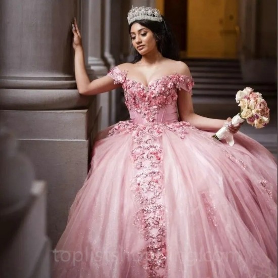 Off Shoulder Mexican Pink Quinceanera Dress Appliques Beads Vestido De XV Anos 15 16 Birthday Party Prom