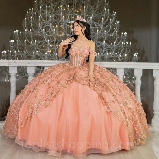 Off The Shoulder Pink 3D Flowers Ball Gown Quinceanera Dresses Ruffles Corset Vestidos De 15 Dress