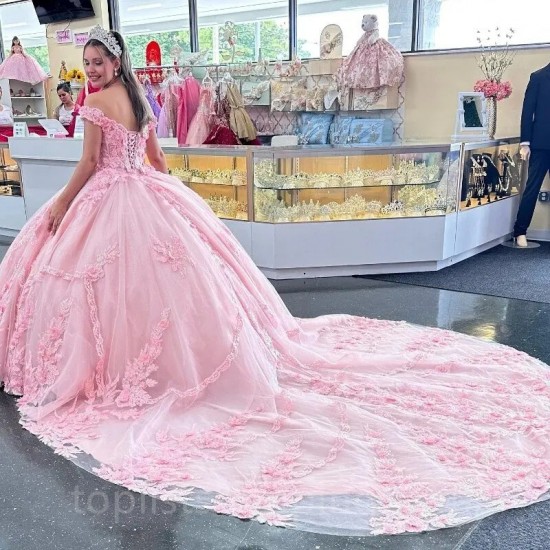 Beading Pink Off The Shoulder Quinceanera Dresses Tulle Appliques Flower Pageant Lace Up Vestidos De 15 Años