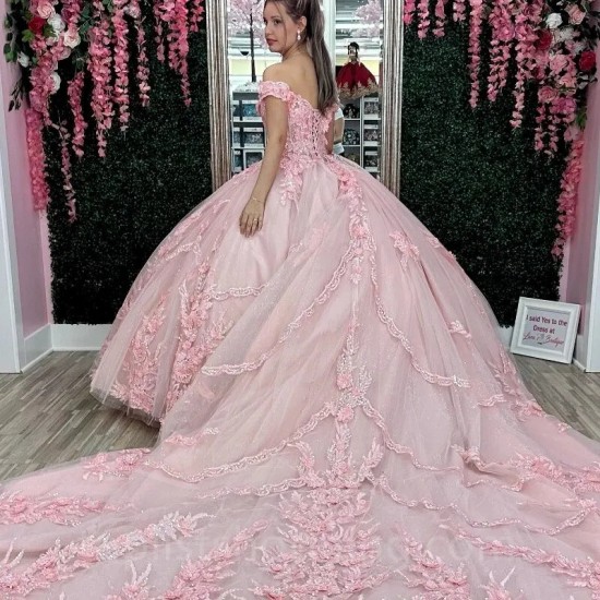 Beading Pink Off The Shoulder Quinceanera Dresses Tulle Appliques Flower Pageant Lace Up Vestidos De 15 Años