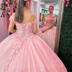 Beading Pink Off The Shoulder Quinceanera Dresses Tulle Appliques Flower Pageant Lace Up Vestidos De 15 Años