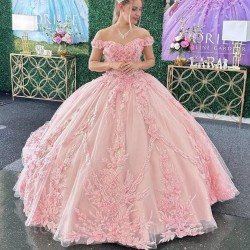 Beading Pink Off The Shoulder Quinceanera Dresses Tulle Appliques Flower Pageant Lace Up Vestidos De 15 Años