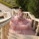 Off Shoulder Pink Princess Quinceanera Dresses 2024 Beads Tull Tiered Lace-up Corset Vestidos De 15 Años Prom