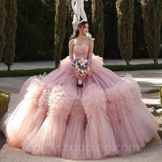 Off Shoulder Pink Princess Quinceanera Dresses 2024 Beads Tull Tiered Lace-up Corset Vestidos De 15 Años Prom