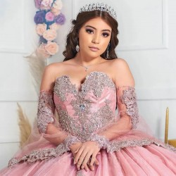 Long Sleeve Pink Quinceanera Dress 2024 Ball Gown Appliques Lace Beading Princess Party Gown Vestidos De Fiesta