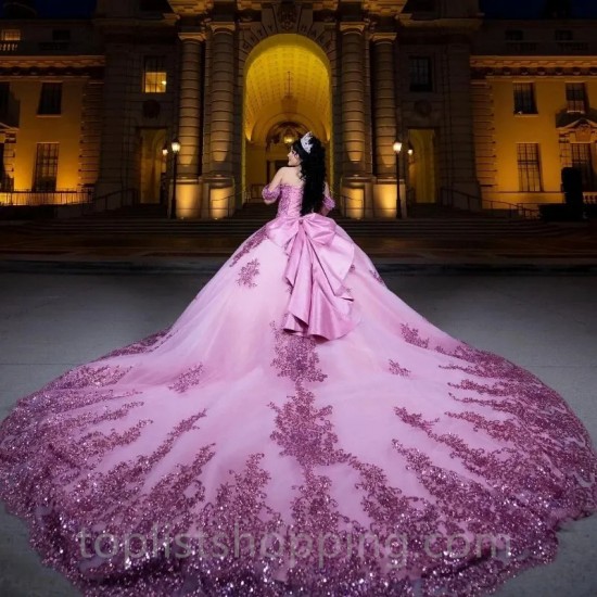 Beads Pink Quinceanera Dress 2024 Applique Lace Tull Princess Ball Gown Sweet 15 Vestidos De XV Años