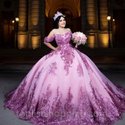 Beads Pink Quinceanera Dress 2024 Applique Lace Tull Princess Ball Gown Sweet 15 Vestidos De XV Años