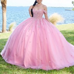 Puffy Pink Quinceanera Dress 2024 Ball Gown Appliques Lace Sequins Skirt Sweet Tulle Vestidos De 15 Años Sweet 16