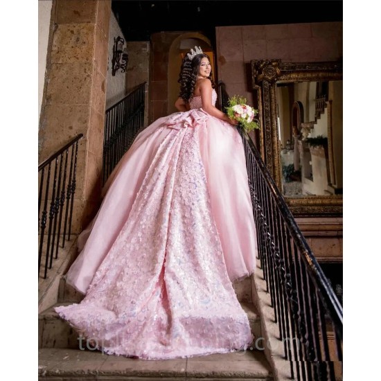 Sweet 16 Dress Pink Quinceanera Dress 2024 Ball Gown Flowers With Bow Appliques Formal Occasion Gown