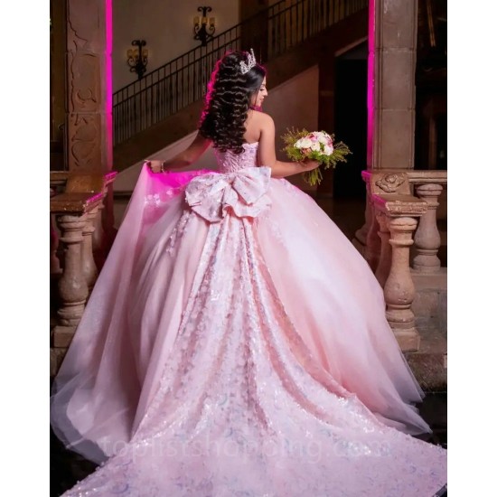 Sweet 16 Dress Pink Quinceanera Dress 2024 Ball Gown Flowers With Bow Appliques Formal Occasion Gown