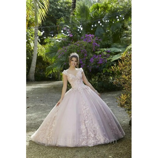 Crystal Pink Quinceanera Dress 2024 Ball Gown Lace Appliques Beaded Pageant Birthday Party Gown Sweet Robes