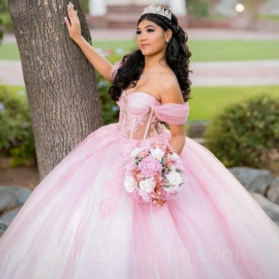 Pink Quinceanera Dress Mexican Vestidos De 15 Princess Sweet 16 Birthday XV Off the Shoulder Ball Gown