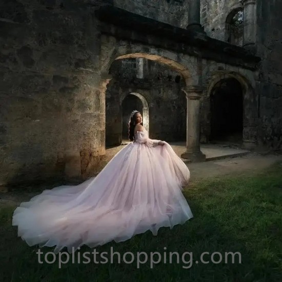 Pink Quinceanera Dress Puffy Long Sleeves Birthday Party Ball Gown Sweet 15 16 Vestidos De 15 Años 