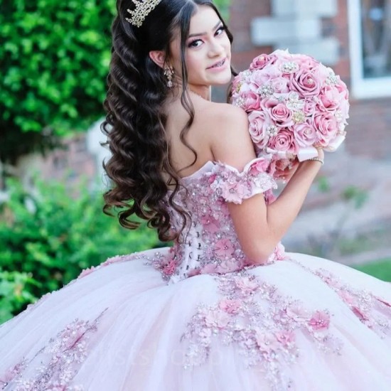 Sweetheart Pink Quinceanera Dress Princess Flower Lace Beads Vestidos De 15 Años Sweet Birthday Party Ball Gown