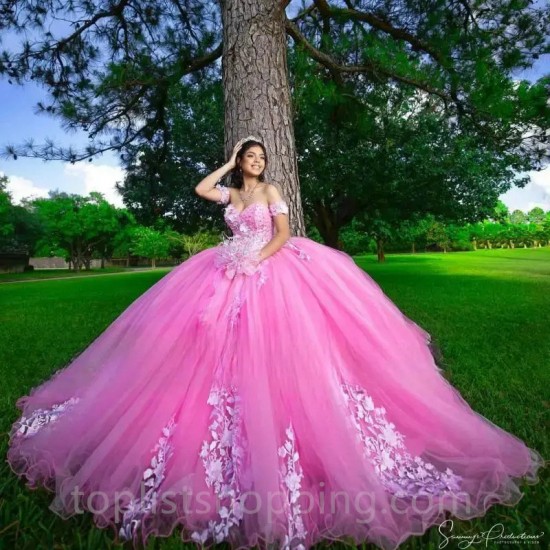 Off The Shoulder Pink Quinceanera Dresses Appliques Beads Princess Ball Gowns 15 Birthday Party Prom Dress