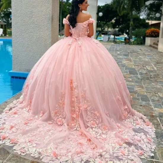 Ball Gown Pink Quinceanera Dresses 3D Flowers Vestidos 15th Birthday Party Princess Sweet 16 Dress